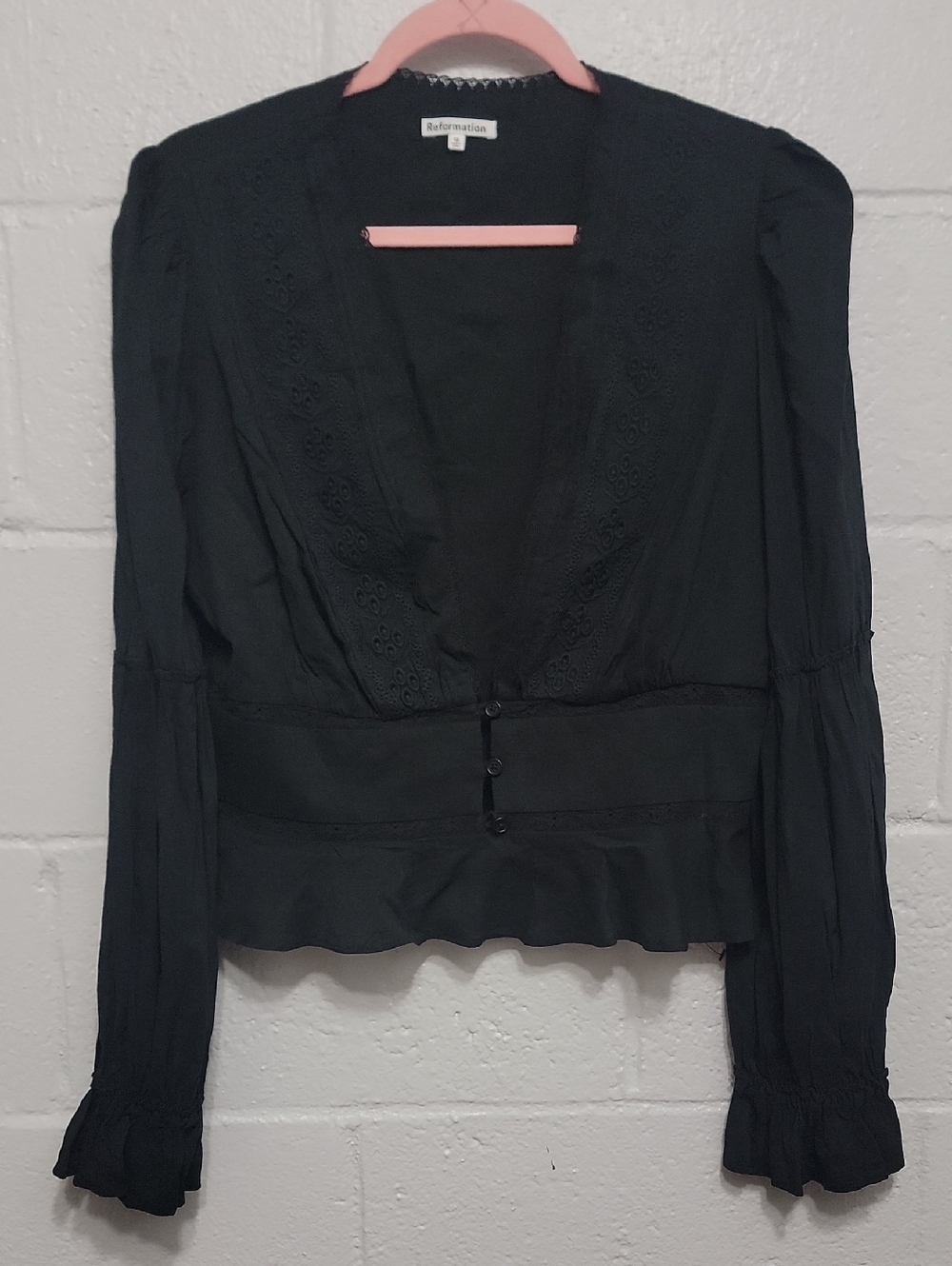Reformation Whimsygoth Black Deep V-Neck Eyelet-Trim Long Sleeve Blouse